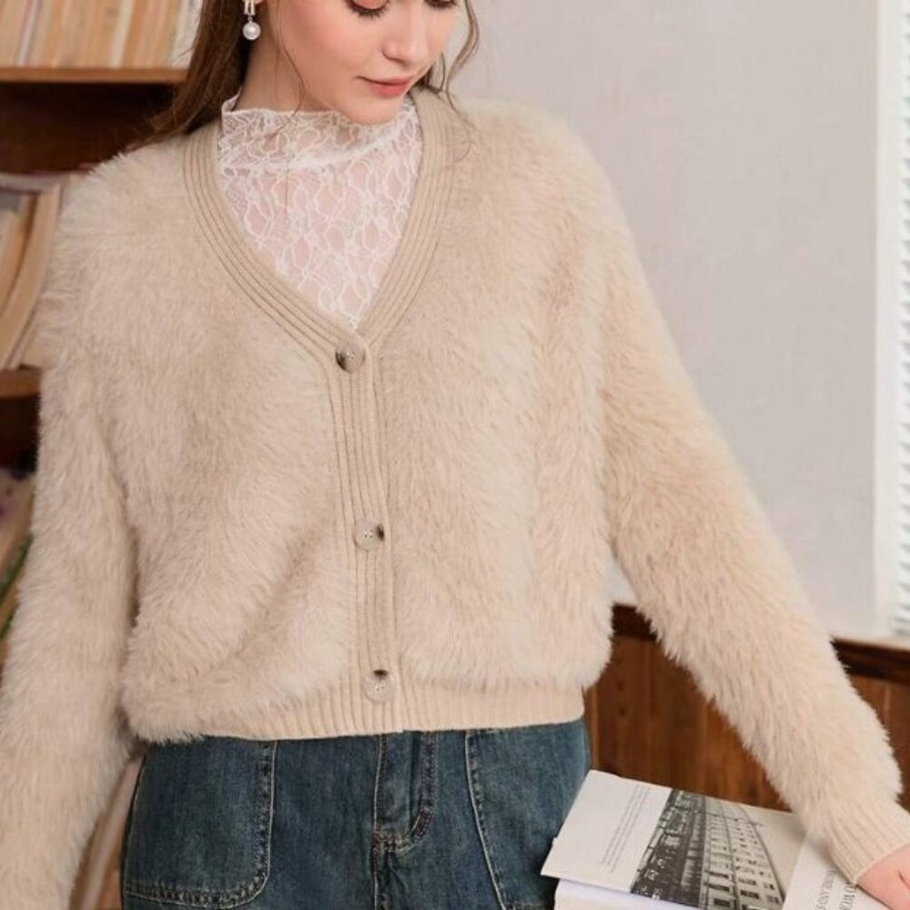 NEW Beige Fluffy Mohair look Short Cardigan